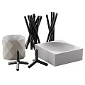 Modern Decorative Ornament Set With Ceramic Geometric Vase Black Metal Sticks And Concrete Square Base