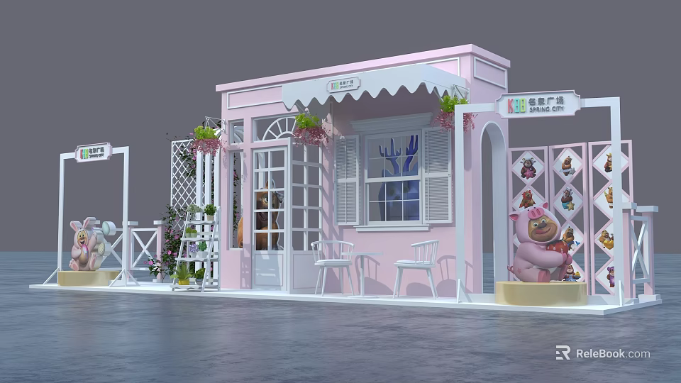 Pink Cottage Photo Spot With White Awning Green Plants Windows White Chairs And Stuffed Bear 3d model 