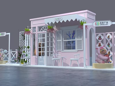 Pink Cottage Photo Spot With White Awning Green Plants Windows White Chairs And Stuffed Bear 3d model