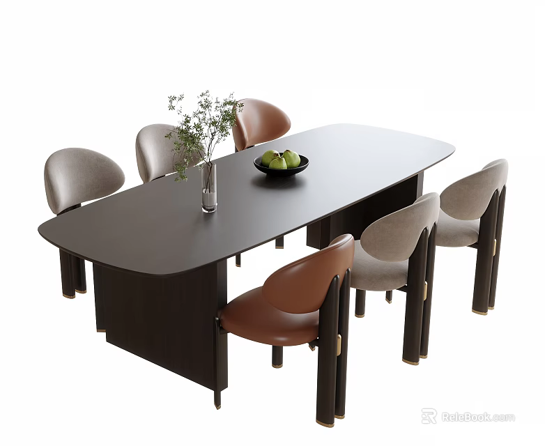 Modern Dark Oval Dining Table With Gray And Brown Chairs Green Plants And Fruit Bowl 3d model 