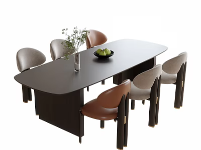 Modern Dark Oval Dining Table With Gray And Brown Chairs Green Plants And Fruit Bowl 3d model