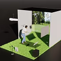 Indoor Golf Fitness Training Area With Green Turf Swing Practice Screen Equipment