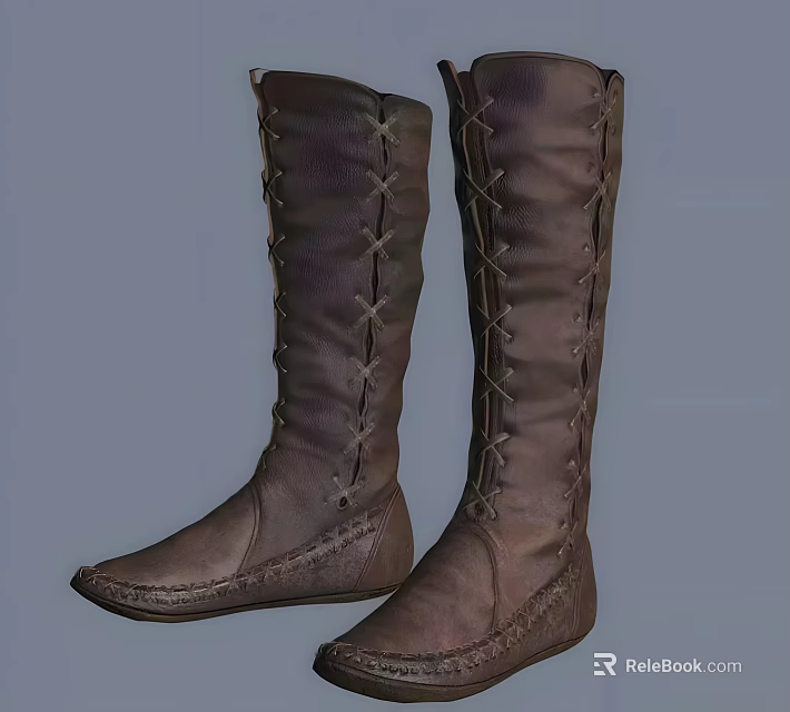 Brown Leather Tall Boots With Classic Lace Up Design And Flat Sole 3d model 