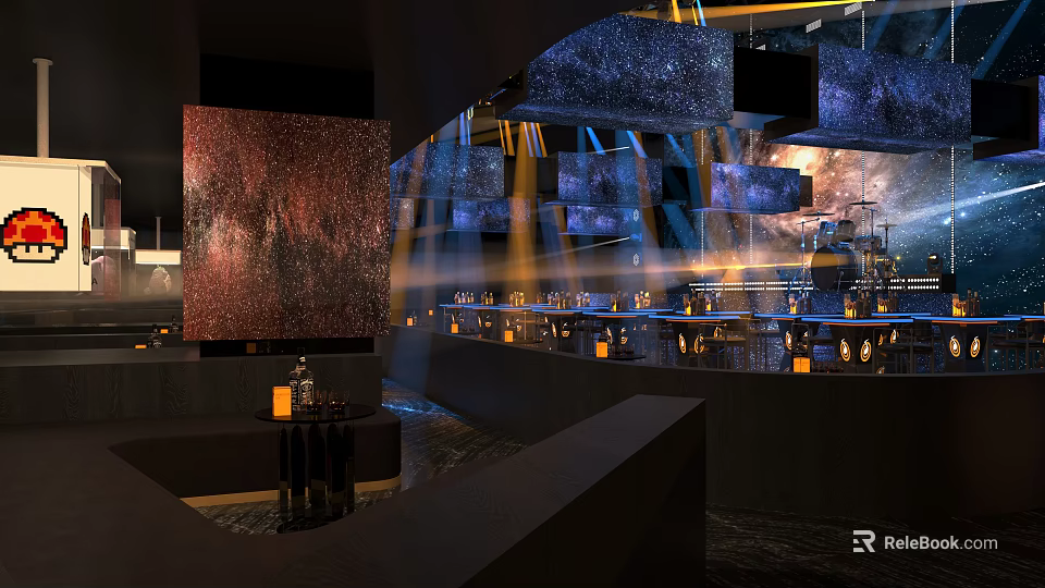 Starry Themed Bar Interior With Cosmic Ceiling Lights Seating Area And Ambient Decor 3d model 