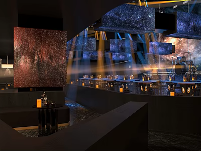 Starry Themed Bar Interior With Cosmic Ceiling Lights Seating Area And Ambient Decor 3d model