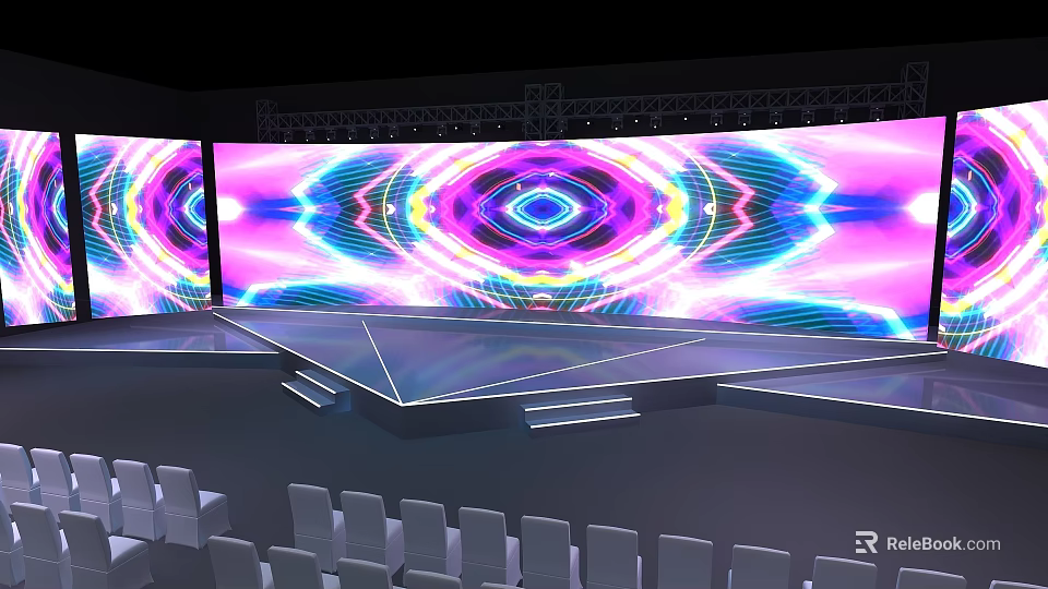 Colorful Stage Design With Large LED Screens Geometric Patterns White Steps And Audience Seats 3d model 