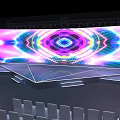 Colorful Stage Design With Large LED Screens Geometric Patterns White Steps And Audience Seats