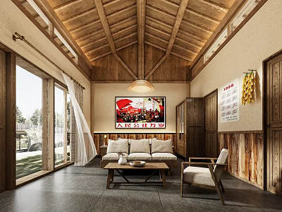 Hotel Guest Room With Wooden Ceiling Walls Large Glass Doors Sofa Coffee Table And Chair 3d model