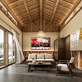 Hotel Guest Room With Wooden Ceiling Walls Large Glass Doors Sofa Coffee Table And Chair