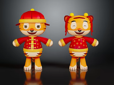 Two Cute Tiger Dolls Dressed In Red Chinese Traditional Clothing With Hat And Ears 3d model