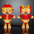Two Cute Tiger Dolls Dressed In Red Chinese Traditional Clothing With Hat And Ears