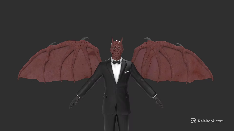 Game Movie Character In Black Suit With Bow Tie Red Devil Mask And Bat Wings 3d model 