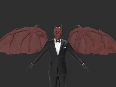 Game Movie Character In Black Suit With Bow Tie Red Devil Mask And Bat Wings 3d model