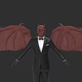Game Movie Character In Black Suit With Bow Tie Red Devil Mask And Bat Wings