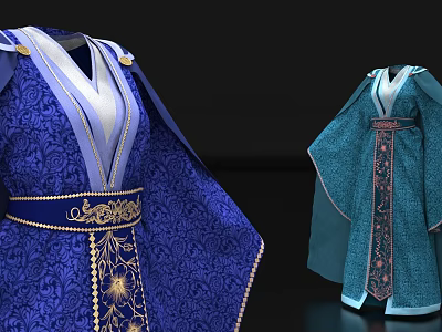 Elegant Traditional Clothing With Blue Turquoise Colors Golden Patterns And Embroidery Belts 3d model