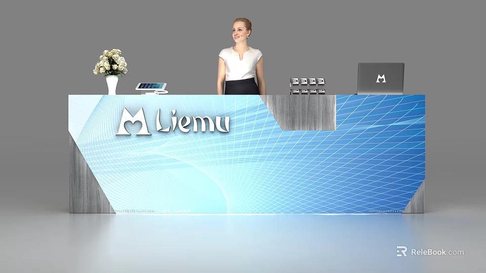 Modern Reception Desk With Company Logo Flower Vase Tablet And Laptop For Office 3d model 