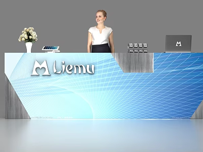 Modern Reception Desk With Company Logo Flower Vase Tablet And Laptop For Office 3d model