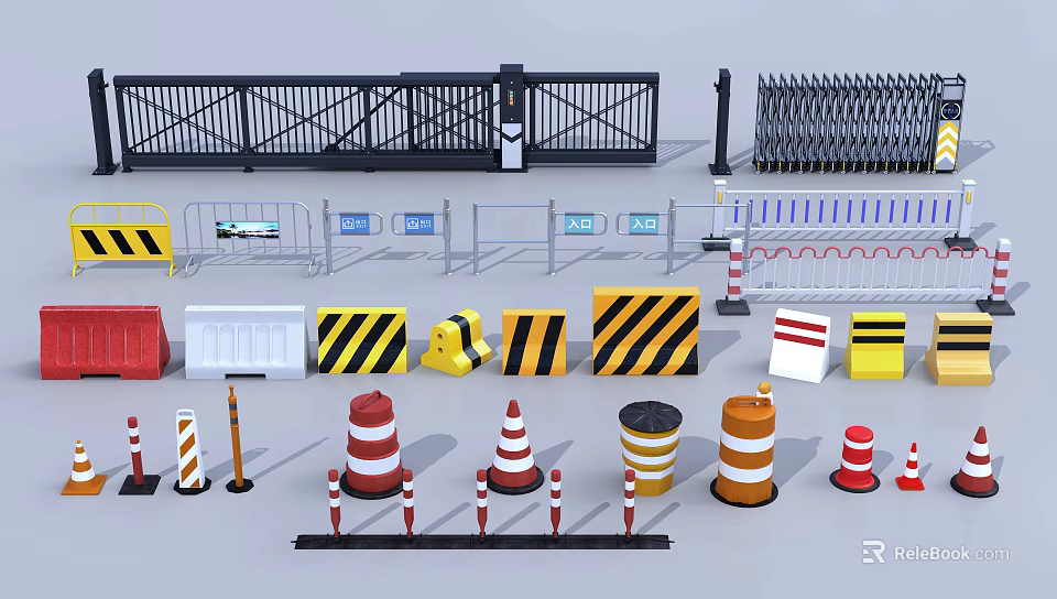 Public Facilities Including Guardrails Barriers Traffic Cones And Warning Signs 3d model 