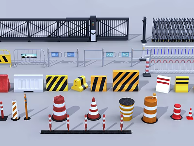 Public Facilities Including Guardrails Barriers Traffic Cones And Warning Signs 3d model