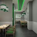 Modern Green And White Restaurant Interior With Pendant Lights Wooden Tables And Chairs