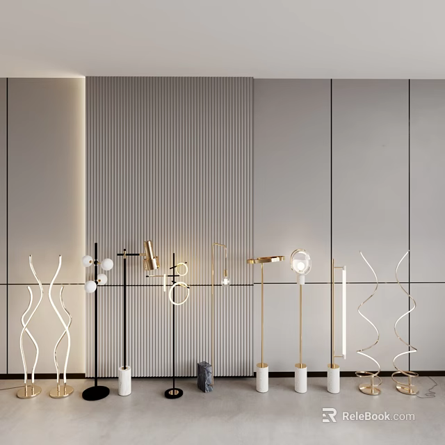 Diverse Modern Floor Lamps With Curved Metal Frames And Illuminating Designs Displayed Against Textured Walls 3d model 
