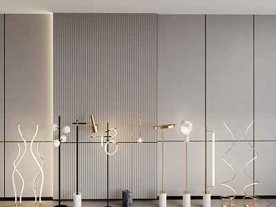 Diverse Modern Floor Lamps With Curved Metal Frames And Illuminating Designs Displayed Against Textured Walls 3d model