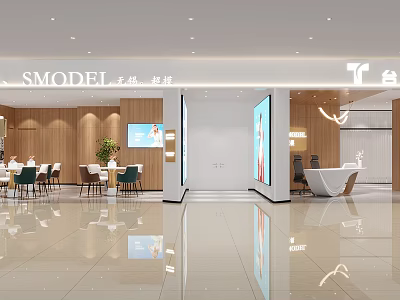Modern Mall Wedding Dress Store With Wooden Walls White Counters Tables And Bright Lighting 3d model