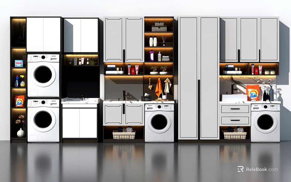 Modern White Bathroom Cabinet Rack With Storage Shelves And Washing Machine 3d model 