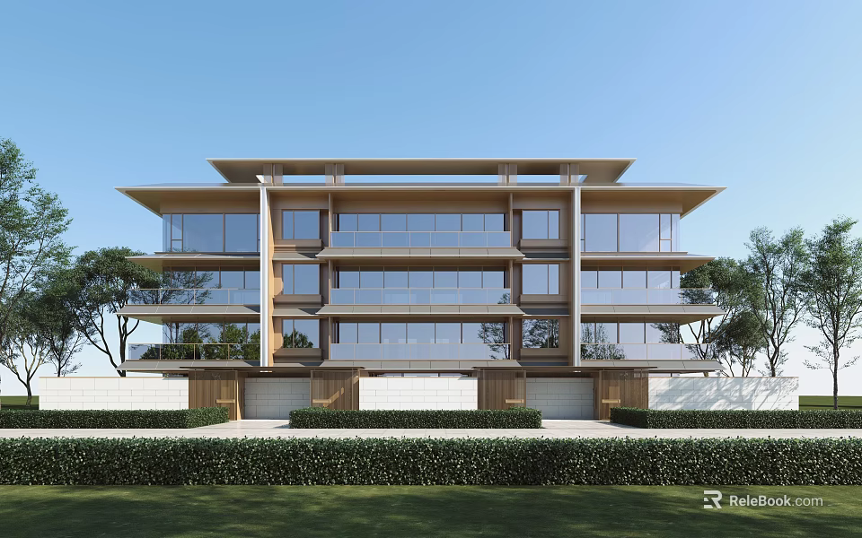 Modern Multi Storey Townhouses Exterior With Large Glass Windows And Greenery 3d model 