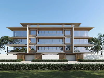 Modern Multi Storey Townhouses Exterior With Large Glass Windows And Greenery 3d model