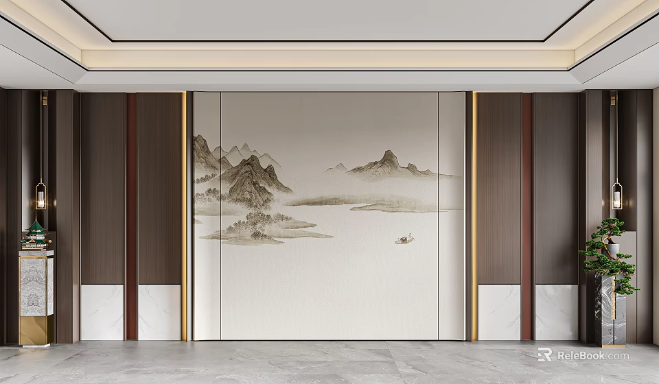 Chinese Style Sofa Background Wall With Landscape Mural And Wooden Marble Accents 3d model 