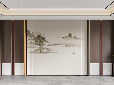Chinese Style Sofa Background Wall With Landscape Mural And Wooden Marble Accents 3d model