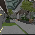 Modern Hotel Atrium Design With Glass Skylight Trees Green Plants And Sofa Seats