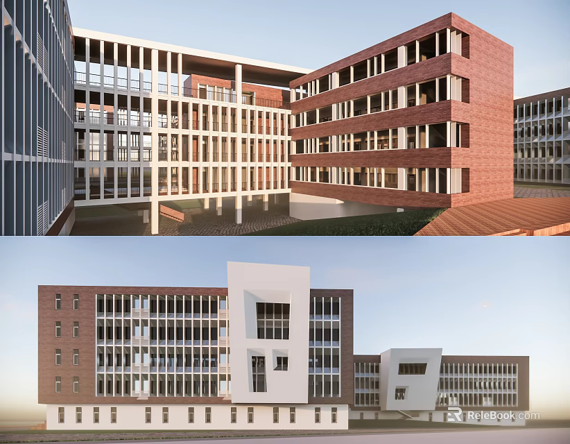 Modern Red Brick School Buildings With White Frames And Multi Story Windows 3d model 