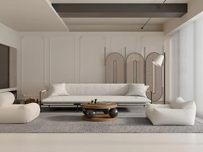 Elegant Modern Living Room Interior Design With White Sofa Rattan Partition And Round Coffee Table 3d model
