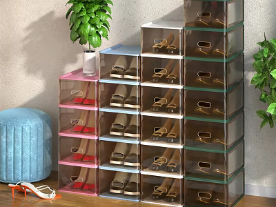 Clear Stackable Shoe Storage Boxes With Colored Shoes For Home Organization 3d model