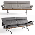 Modern Multi Seater Sofa With Gray Leather Upholstery Metal Frame And Wooden Accent