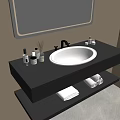 Contemporary Bathroom Vanity With Dark Countertop White Round Basin Mirror Toiletries And Shelves With Towels