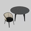 Round Black Wood Dining Table With Four Woven Back Dark Frame Chairs 3d model