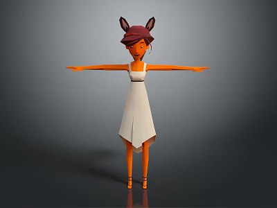 Female Character With Animal Ears Standing In White Dress Arms Outstretched 3d model