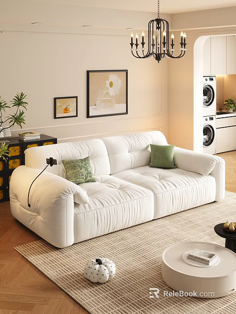 Modern White Plush Sofa Set with Coffee Table and Green Pillows in Living Room 3d model 