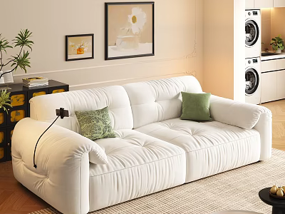 Modern White Plush Sofa Set with Coffee Table and Green Pillows in Living Room 3d model