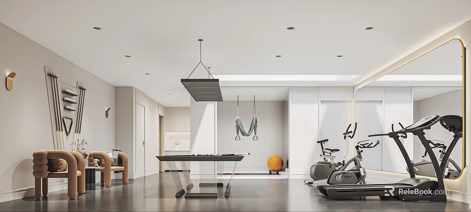 Modern Entertainment Room Interior With Pool Table Fitness Equipment And Stylish Lighting 3d model 