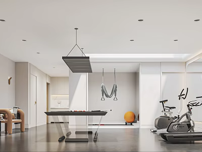 Modern Entertainment Room Interior With Pool Table Fitness Equipment And Stylish Lighting 3d model