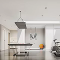 Modern Entertainment Room Interior With Pool Table Fitness Equipment And Stylish Lighting
