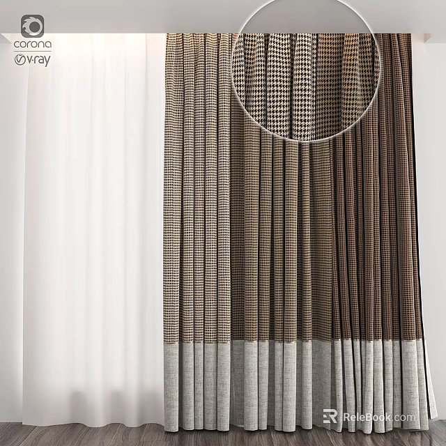 Elegant Brown And Beige Striped Checkered Curtains With Circular Top Ring Drapery 3d model 