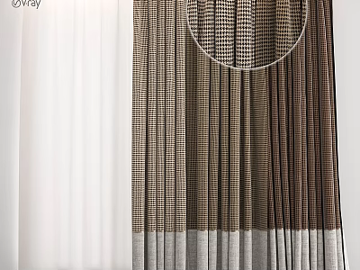 Elegant Brown And Beige Striped Checkered Curtains With Circular Top Ring Drapery 3d model