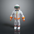 Game Movie Character In White And Orange Astronaut Suit With Transparent Visor And Chest Emblem