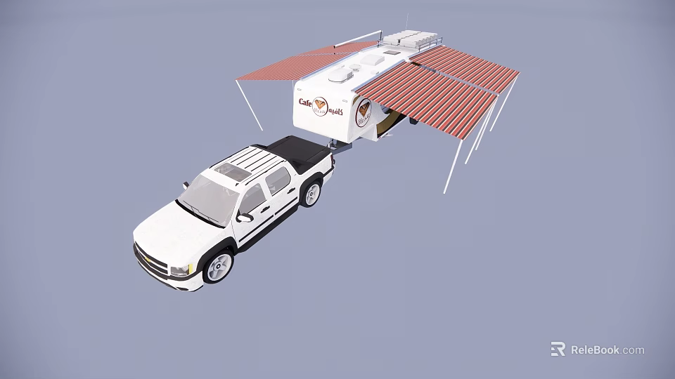 White Pickup Truck Towing Eagle Travel Trailer With Extended Awning 3d model 