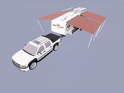White Pickup Truck Towing Eagle Travel Trailer With Extended Awning 3d model